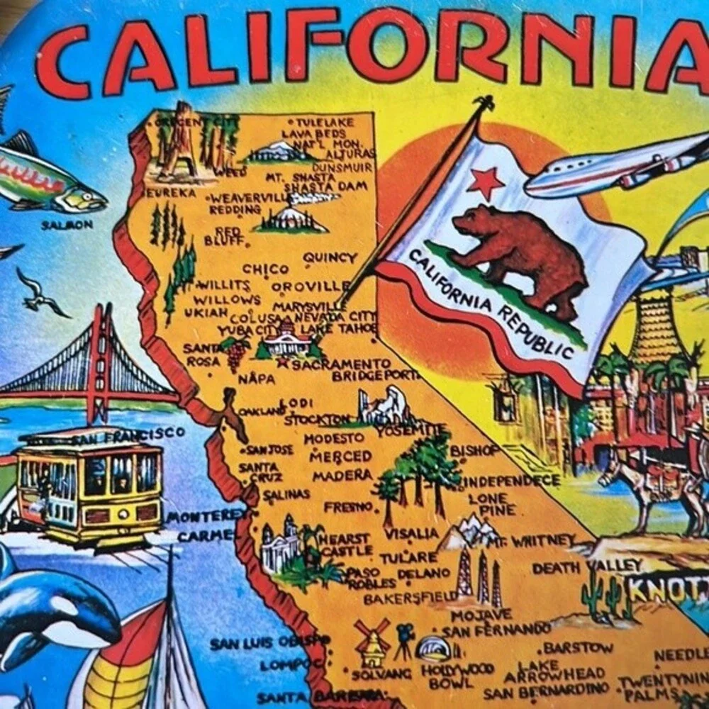 VTG United States CALIFORNIA State Themed State Map Ashtray Serving Tray 1950s